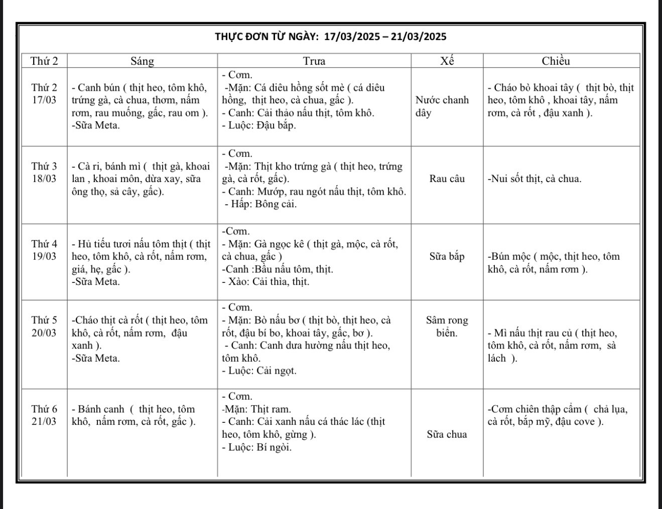Thực đơn từ ngày 17-21/03/2025