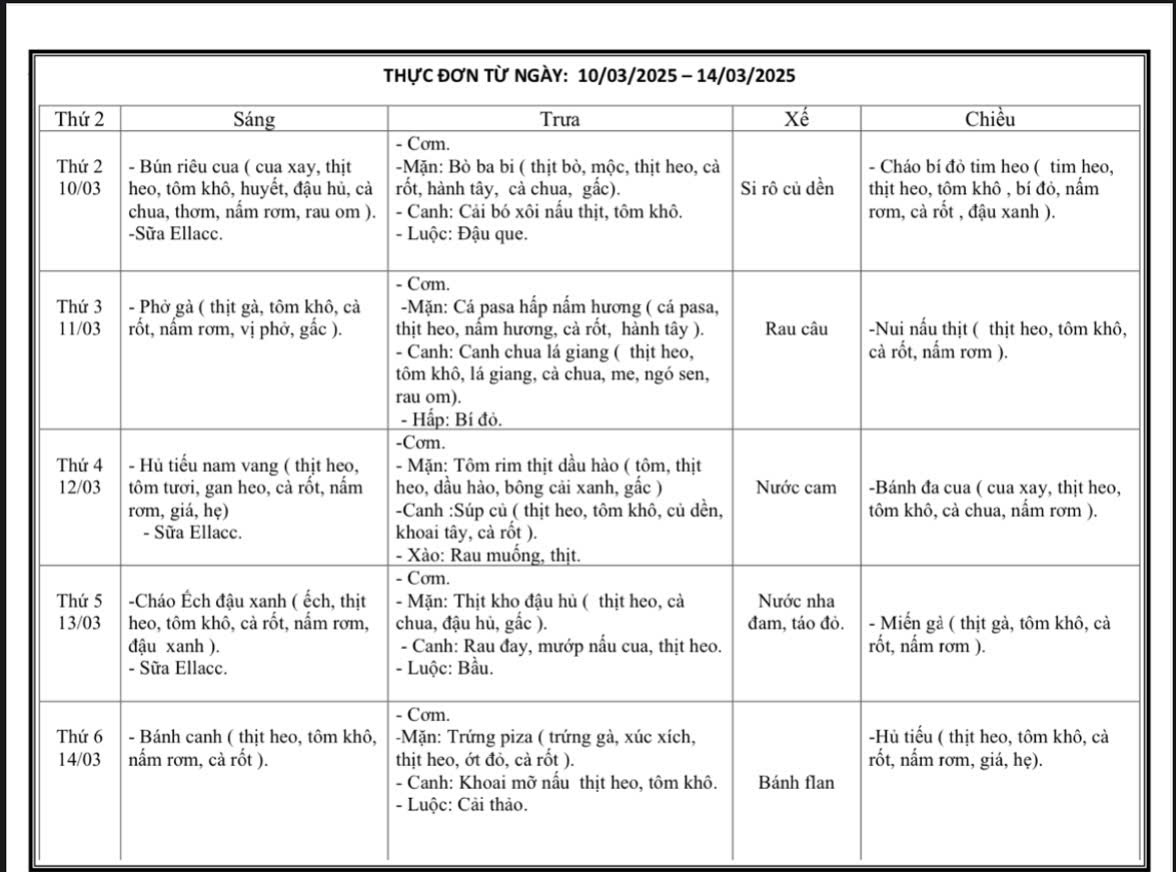 Thực đơn từ ngày 10 14 3 2025