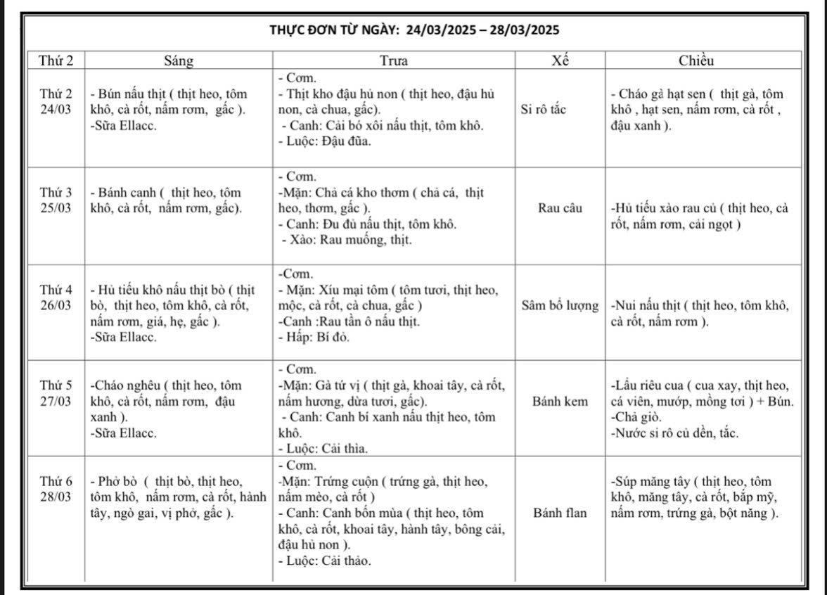 thực đơn từ ngày 24 28 3 2025