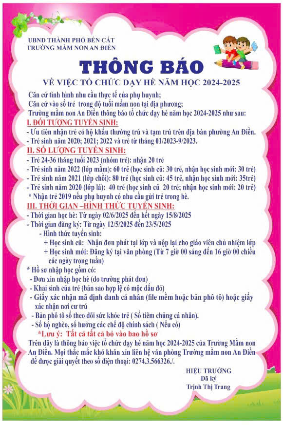 THÔNG BÁO VỀ VIỆC TỔ CHỨC DẠY HÈ NĂM HỌC 2024-2025